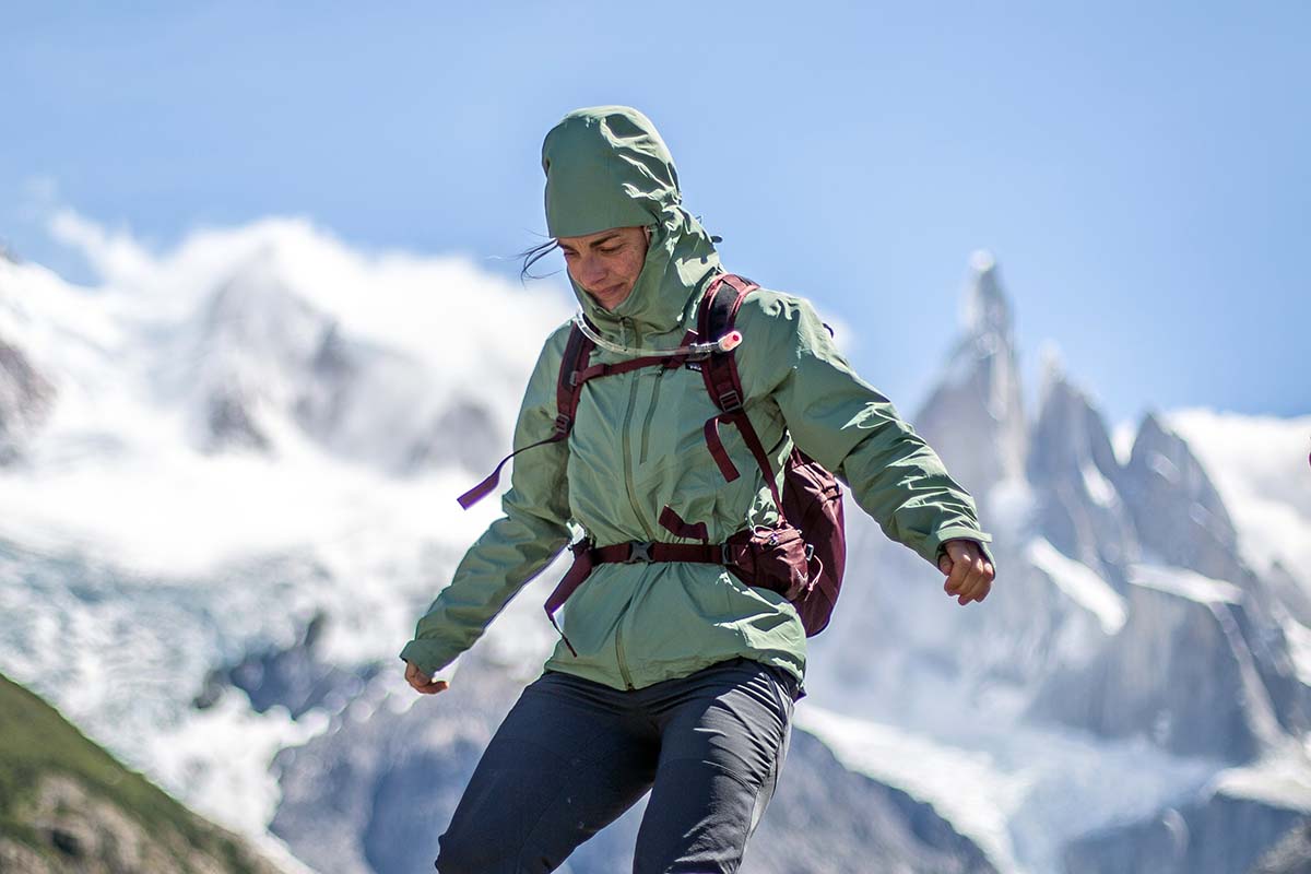 Patagonia Granite Crest rain jacket (hiking with hood on)