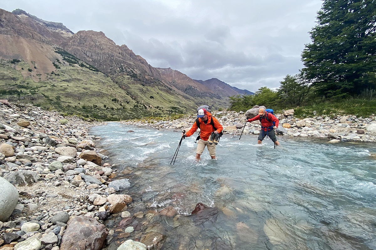 Patagonia Houdini Air windbreaker jacket (crossing river with Arc'teryx Squamish)