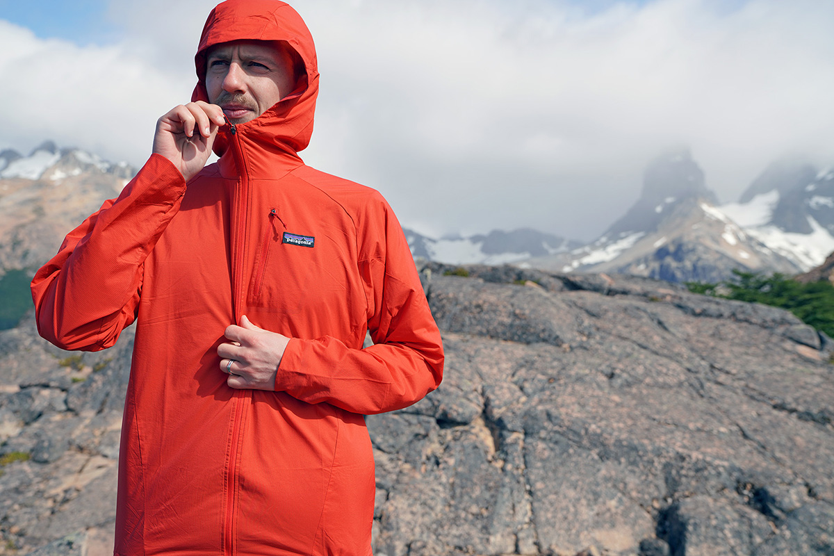 Patagonia Houdini Air windbreaker jacket (zipping up in mountains)