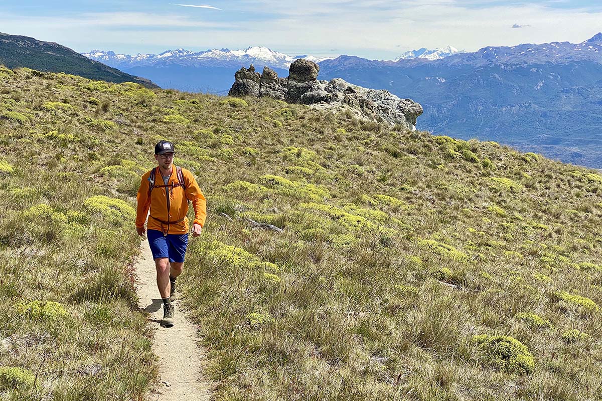 Patagonia Houdini windbreaker jacket (day hiking on trail with mountains)