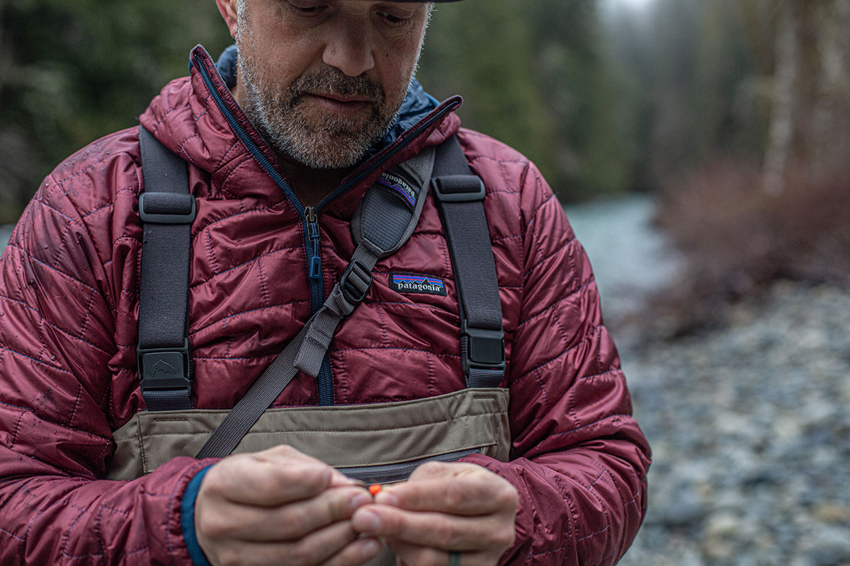 ​​Patagonia Nano Puff Hoody (closeup while fly fishing)