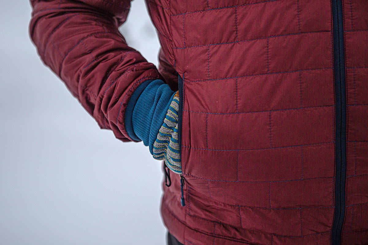 Patagonia Nano Puff Hoody (gloved hands in pockets)