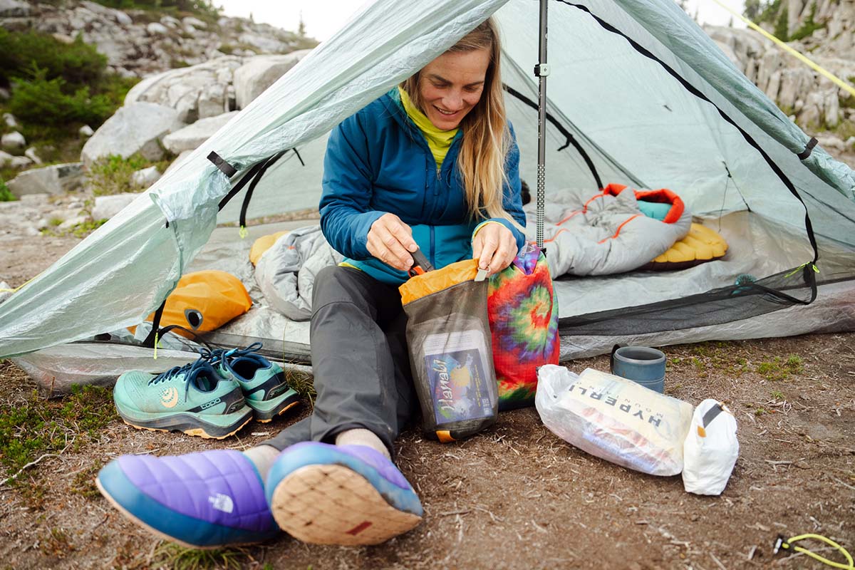 Patagonia Nano-Air Hoody (organizing stuff sacks at tent)