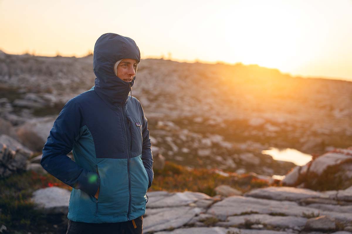 Patagonia Nano-Air Hoody (wearing hood at sunset)