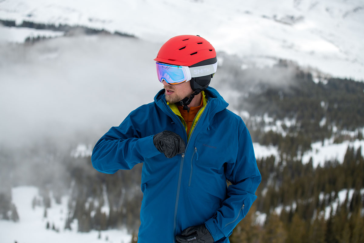 Patagonia Powder Bowl ski jacket (zipping up)