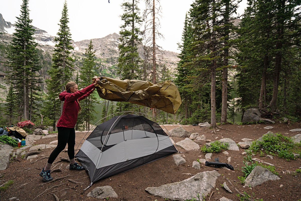 Patagonia Rainshadow rain jacket (pitching tent)