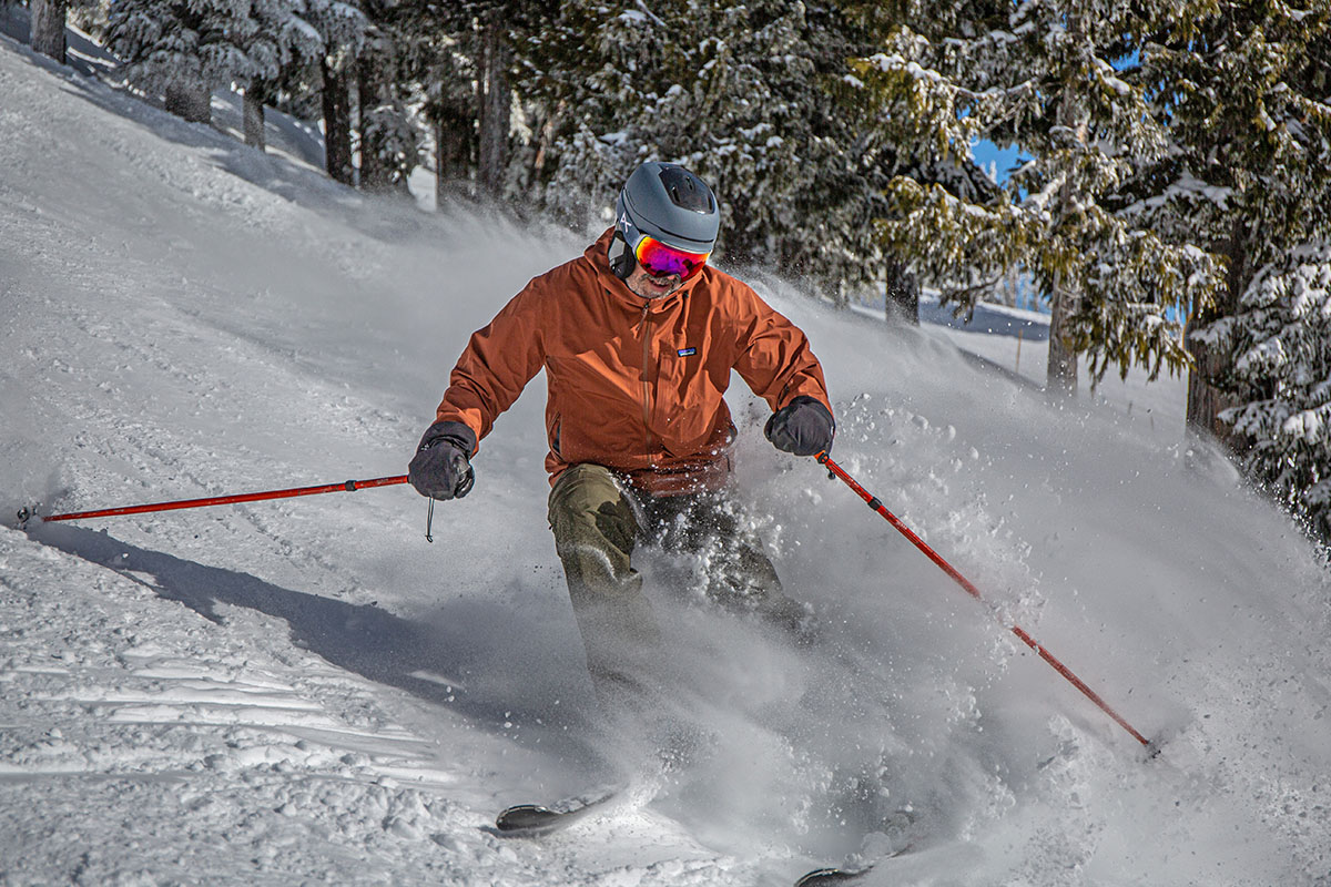 Patagonia Storm Shift Pants (turning in powder)