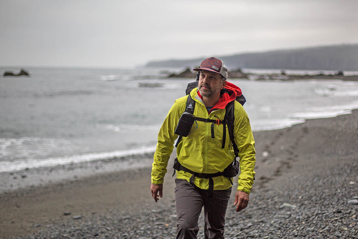 Patagonia Storm10 Alpine Jacket (walking along beach with pack)