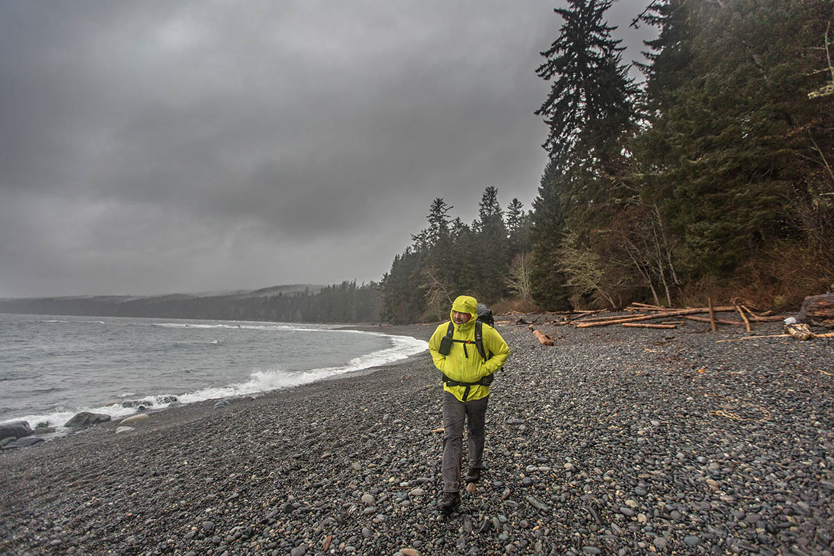 Patagonia Storm10 Alpine Jacket (walking on stormy beach)