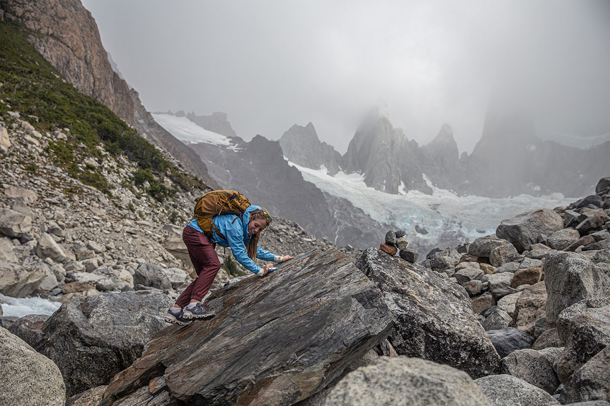 Patagonia Torrentshell 3L rain jacket (walking across wet slab)
