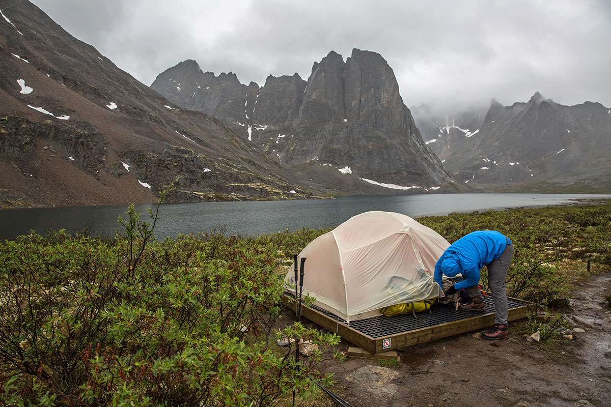 Patagonia Torrentshell 3L rain jacket (setting up tent in rain)