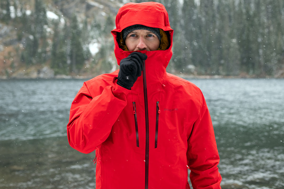 Patagonia Triolet hardshell jacket (zipping up collar)