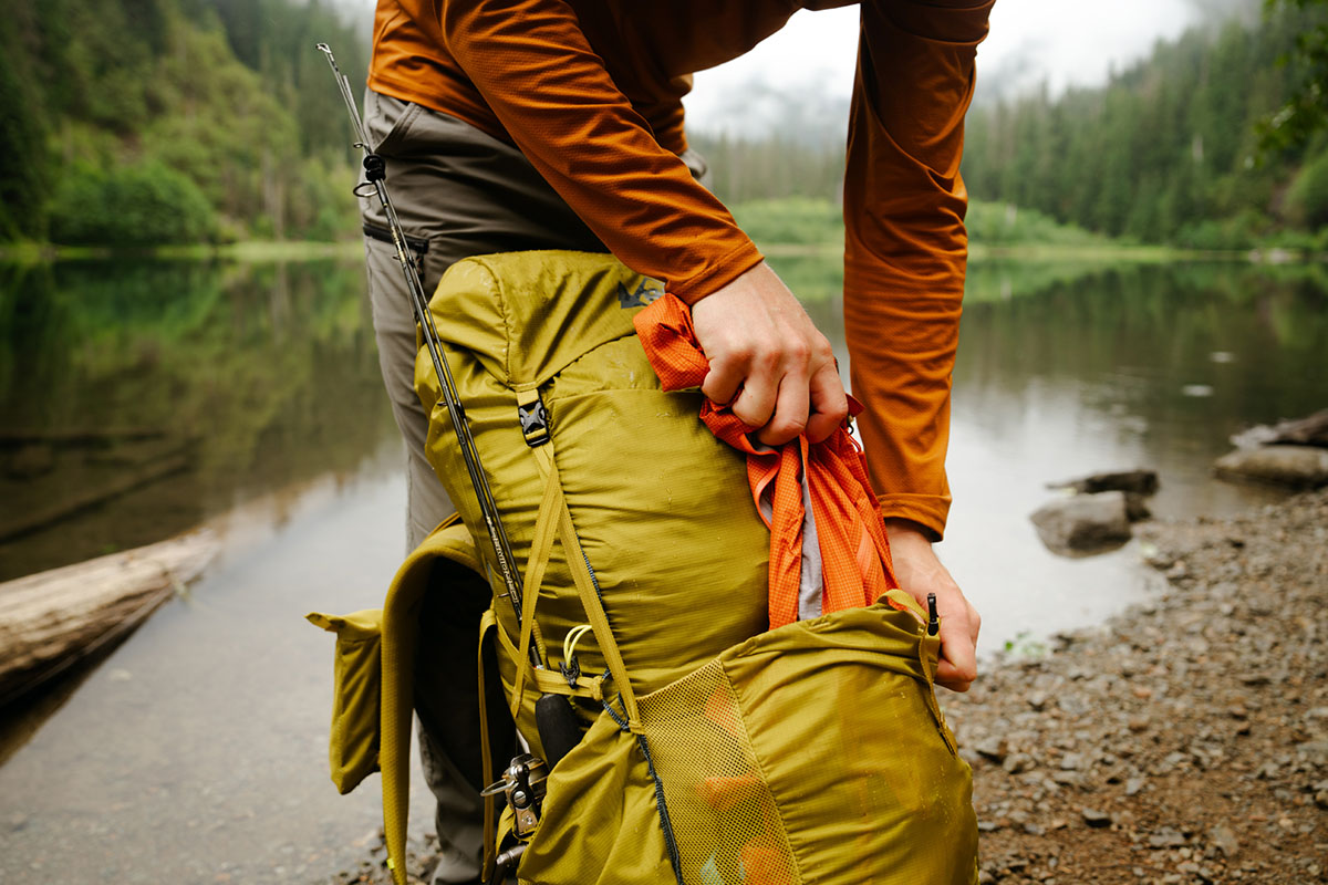 REI Co-op Flash 55 backpack (rain shell in front pocket)