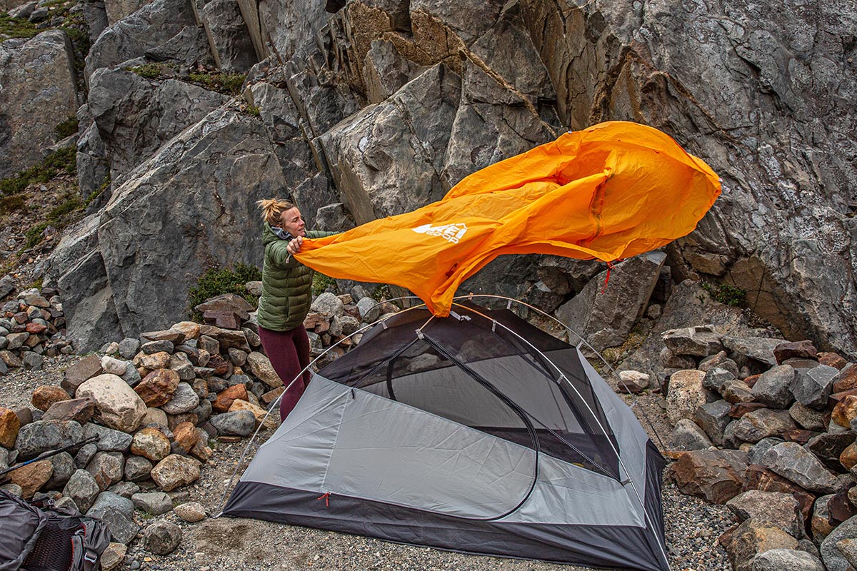 REI Co-op Trail Hut 2 Backpacking Tent (putting on the rain fly)