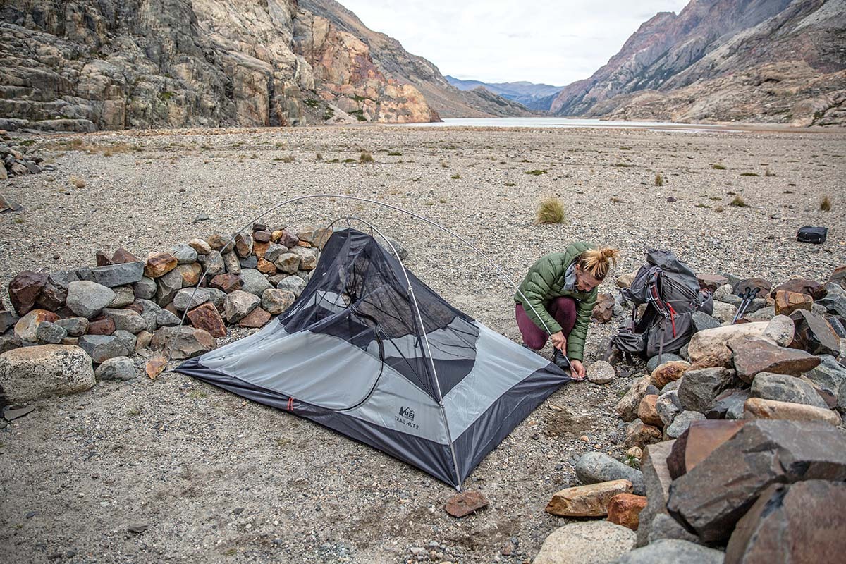 REI Co-op Trail Hut 2 backpacking tent (setting up)