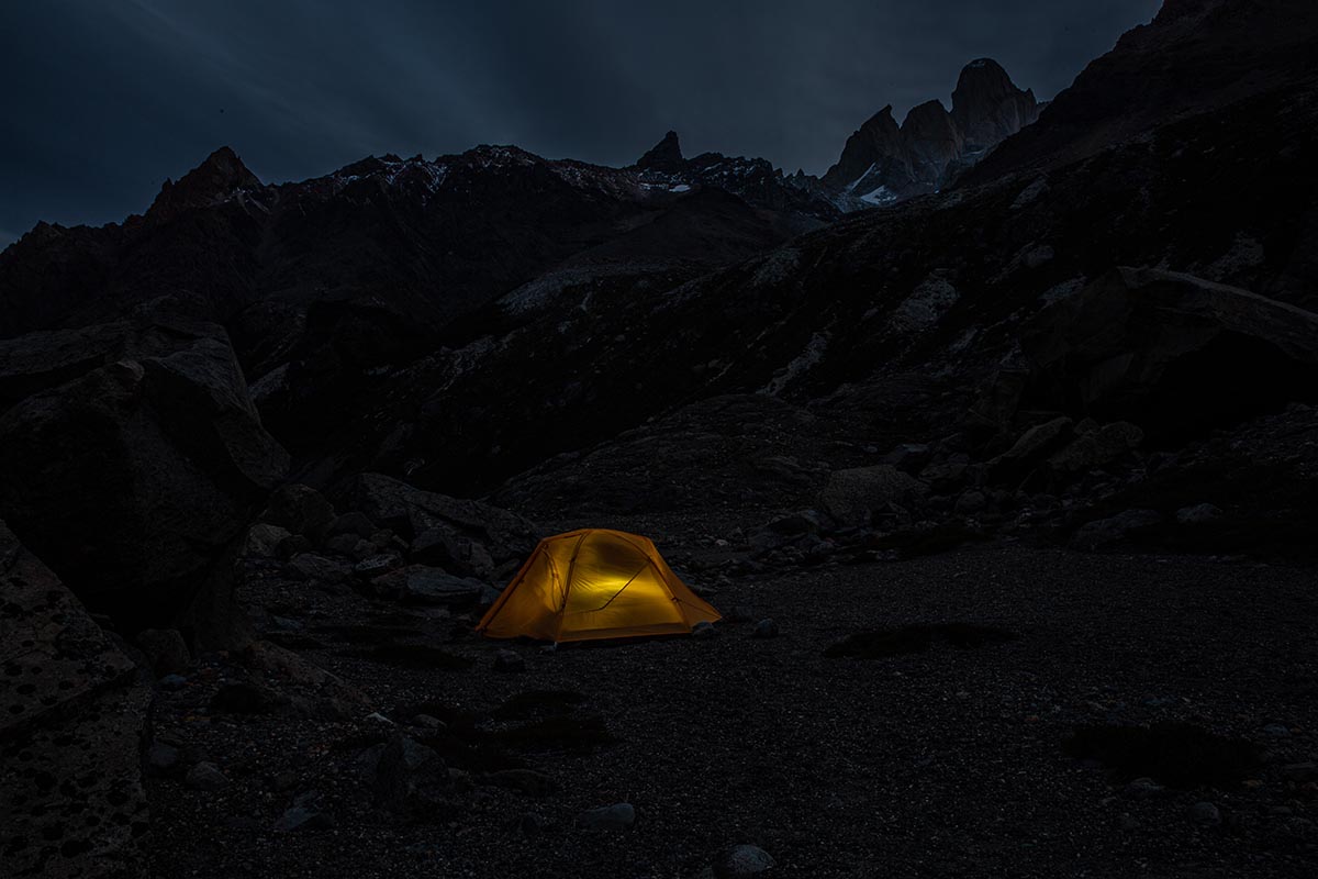 REI Trail Hut 2 tent (nighttime at camp)
