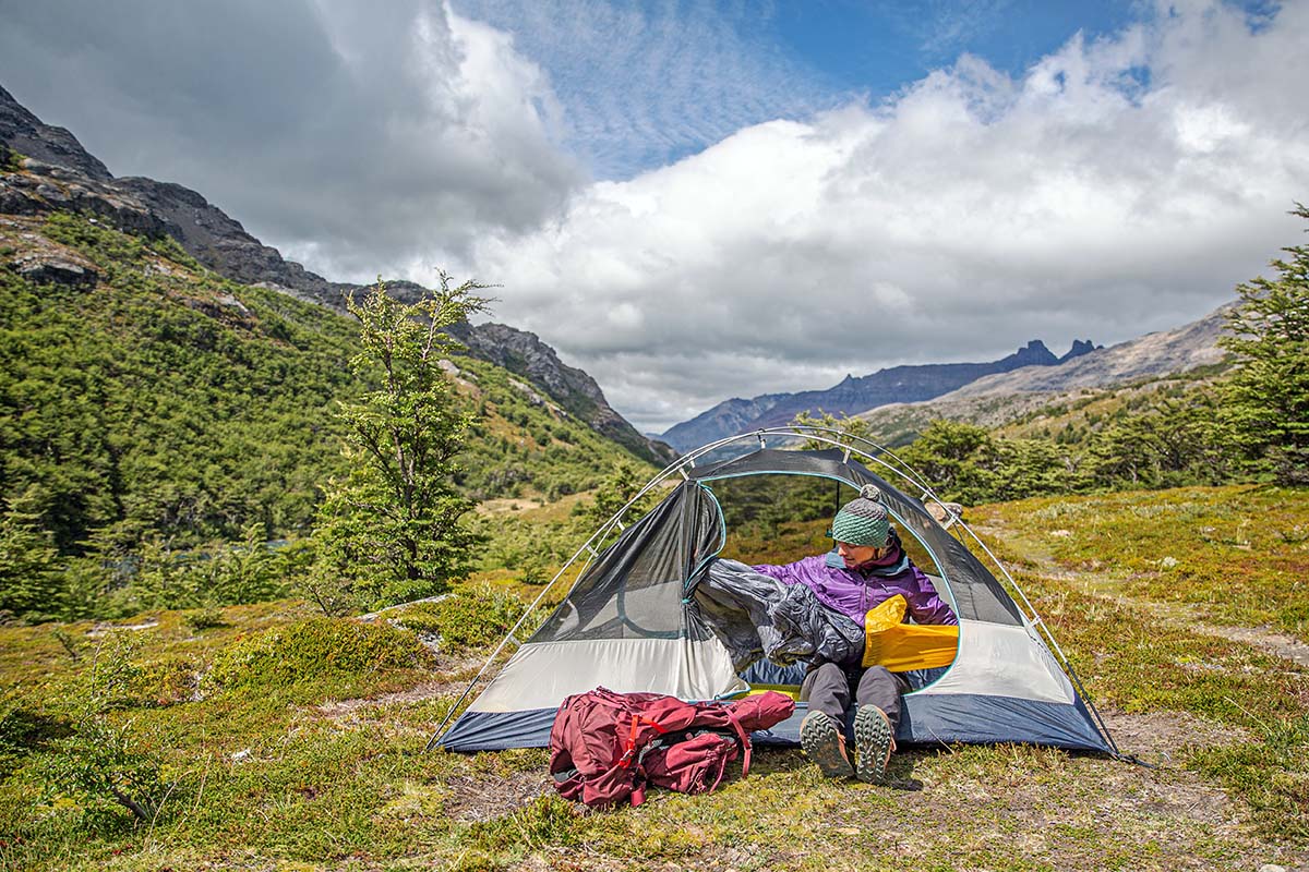 REI Co-op Trailmade 2 backpacking tent (unpacking sleeping bag)