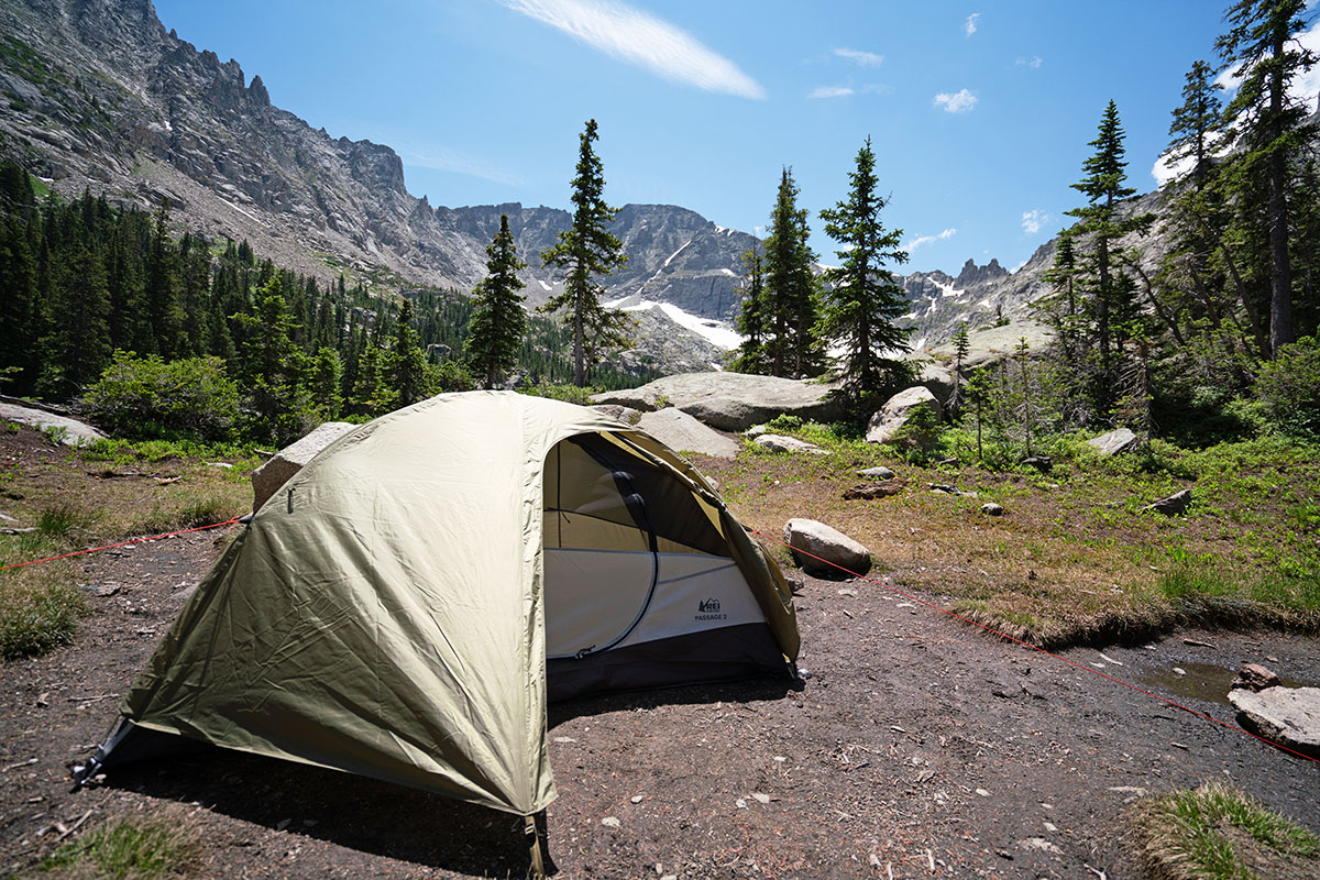 ​REI Co-op Passage 2 backpacking tent (rainfly with fly tucked back)