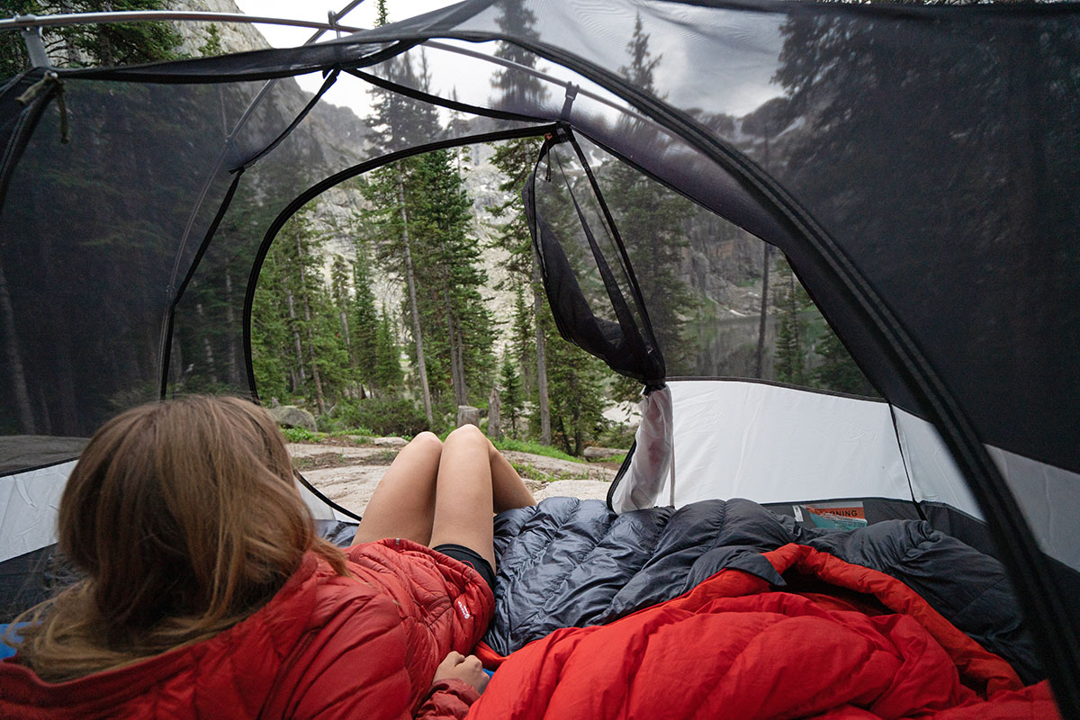 REI Co-op Passage 2 backpacking tent (sitting inside tent)