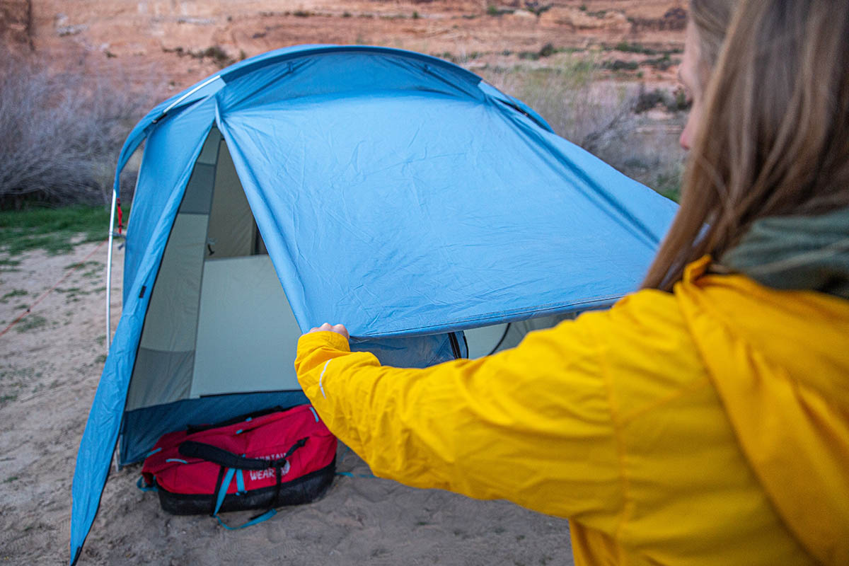 ​​REI Co-op Skyward 4 camping tent (door unzipped to roll back)