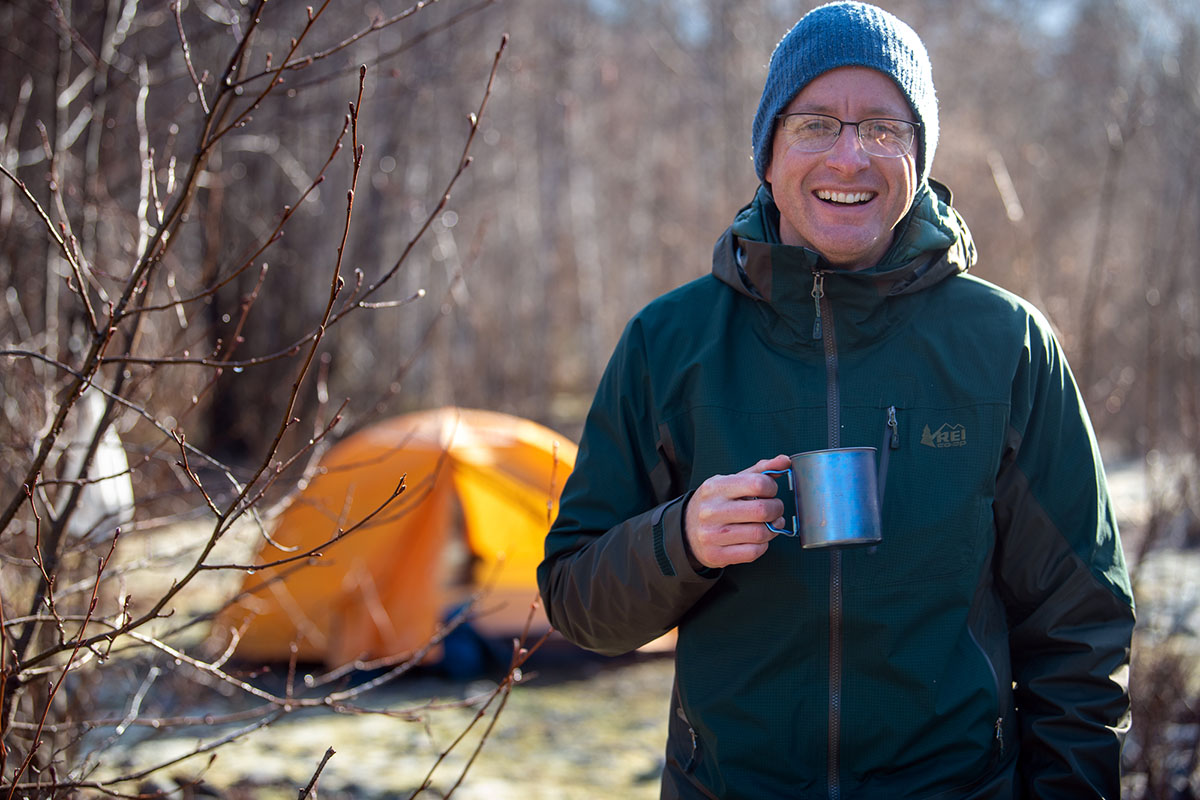REI Co-op Stormbolt GTX hardshell jacket (smiling with morning coffee)