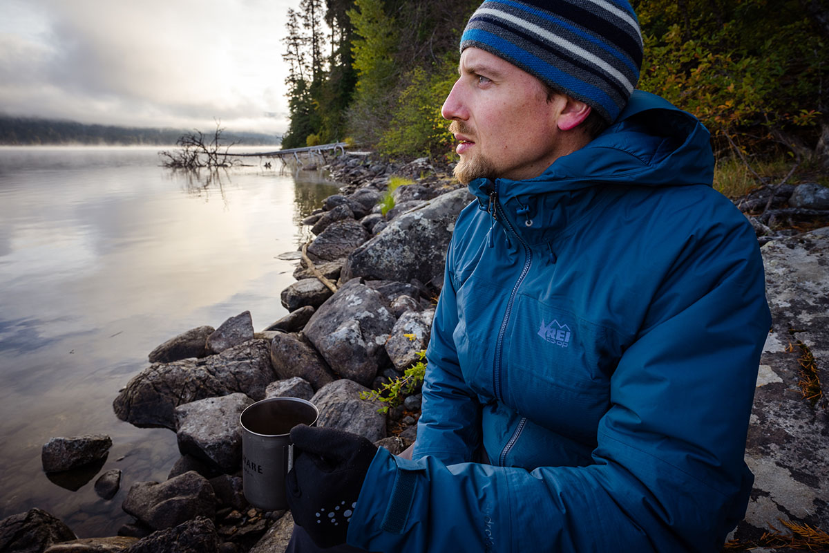 REI Co-op Stormhenge Down Hybrid Jacket (closeup from side by lake)_0