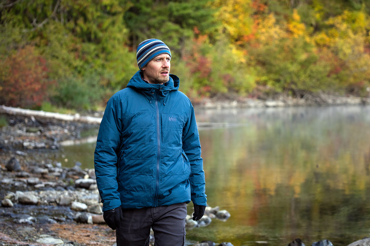 REI Co-op Stormhenge Down Hybrid Jacket (walking along shoreline with fall colors)