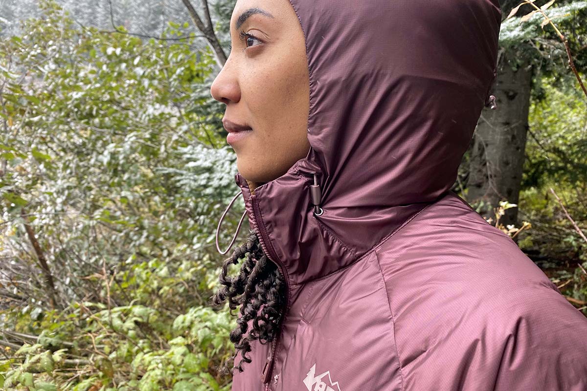 REI Co-op Stratocloud Hoodie Down Jacket (front hood cinch)