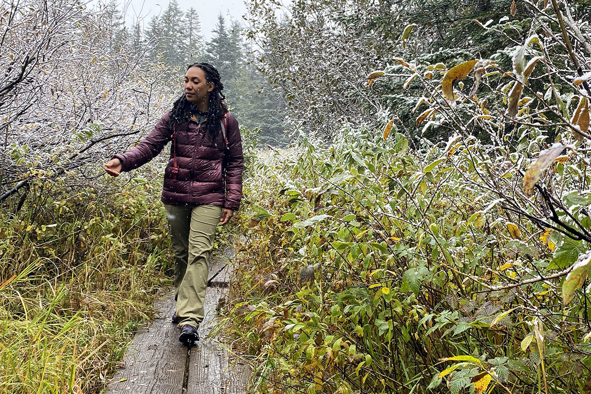 REI Co-op Stratocloud Hoodie Down Jacket (hiking on boardwalk in snow 2)