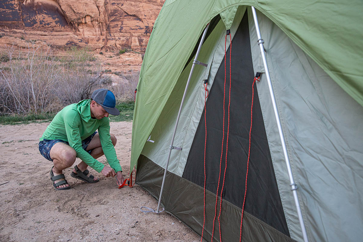 REI Co-op Wonderland 4 Tent (staking out)