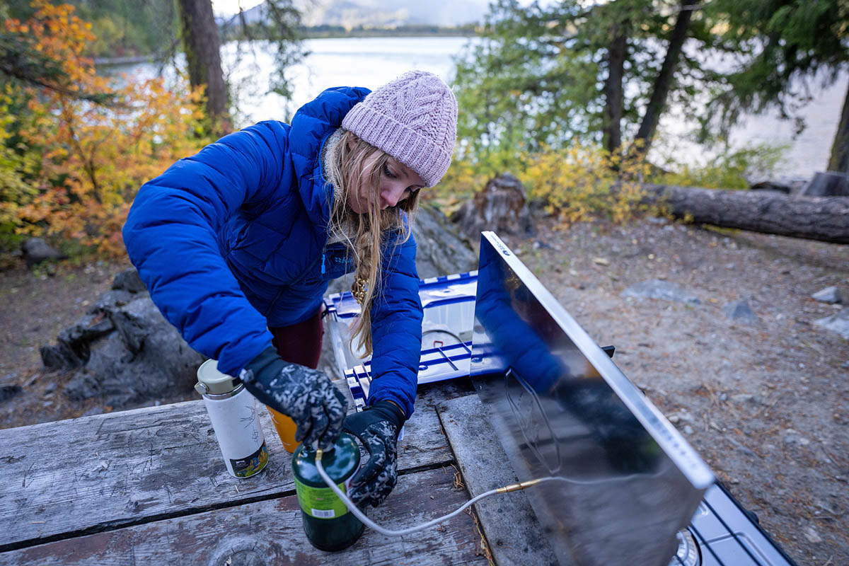 Rab Cubit Stretch Down Hoody (hooking up propane to camp stove)