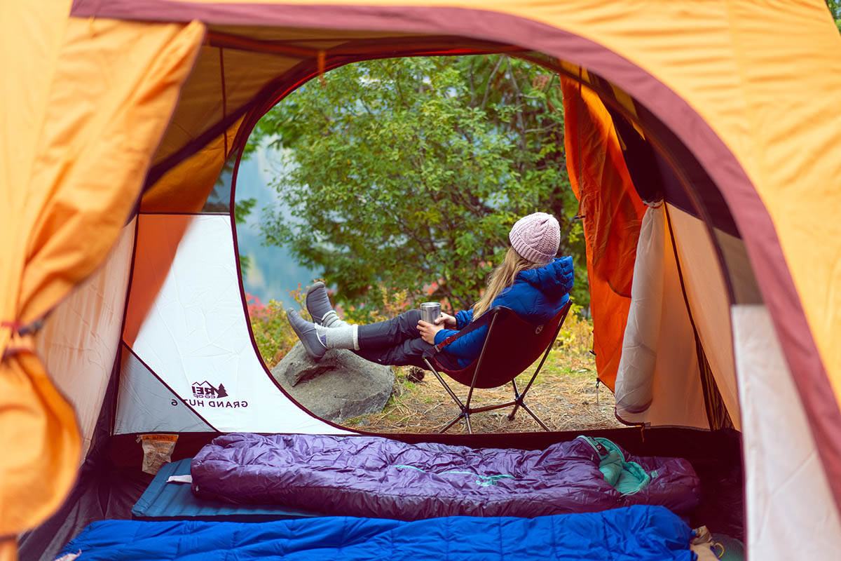 Rab Cubit Stretch Down Hoody (sitting in camp chair)