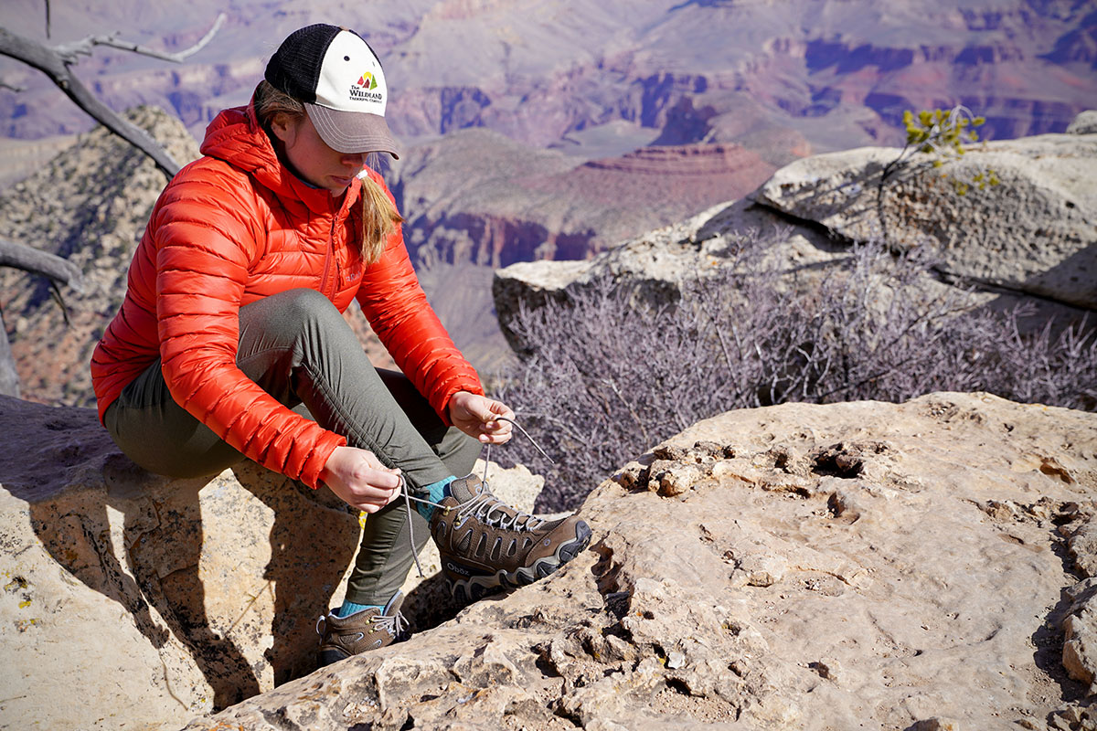 Rab Microlight Alpine down jacket (tying boots in Grand Canyon)