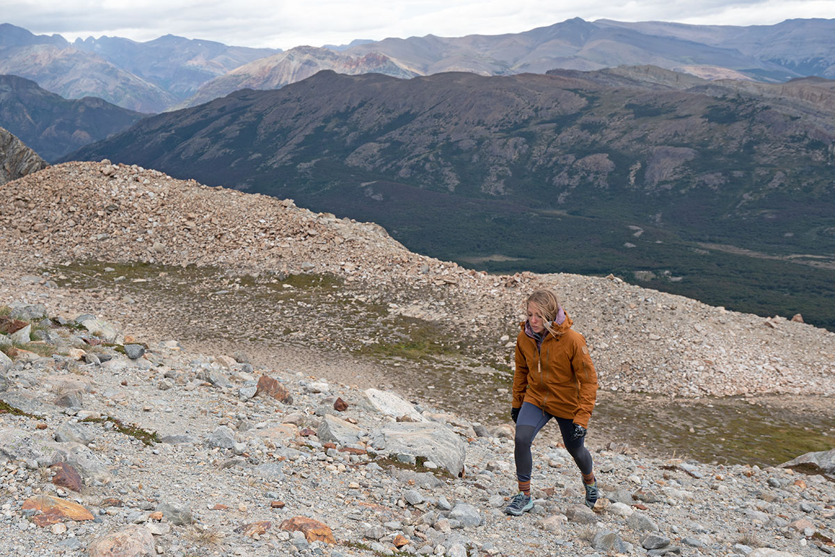 Salomon OUTline GTX (hiking up a rocky slope in Patagonia)