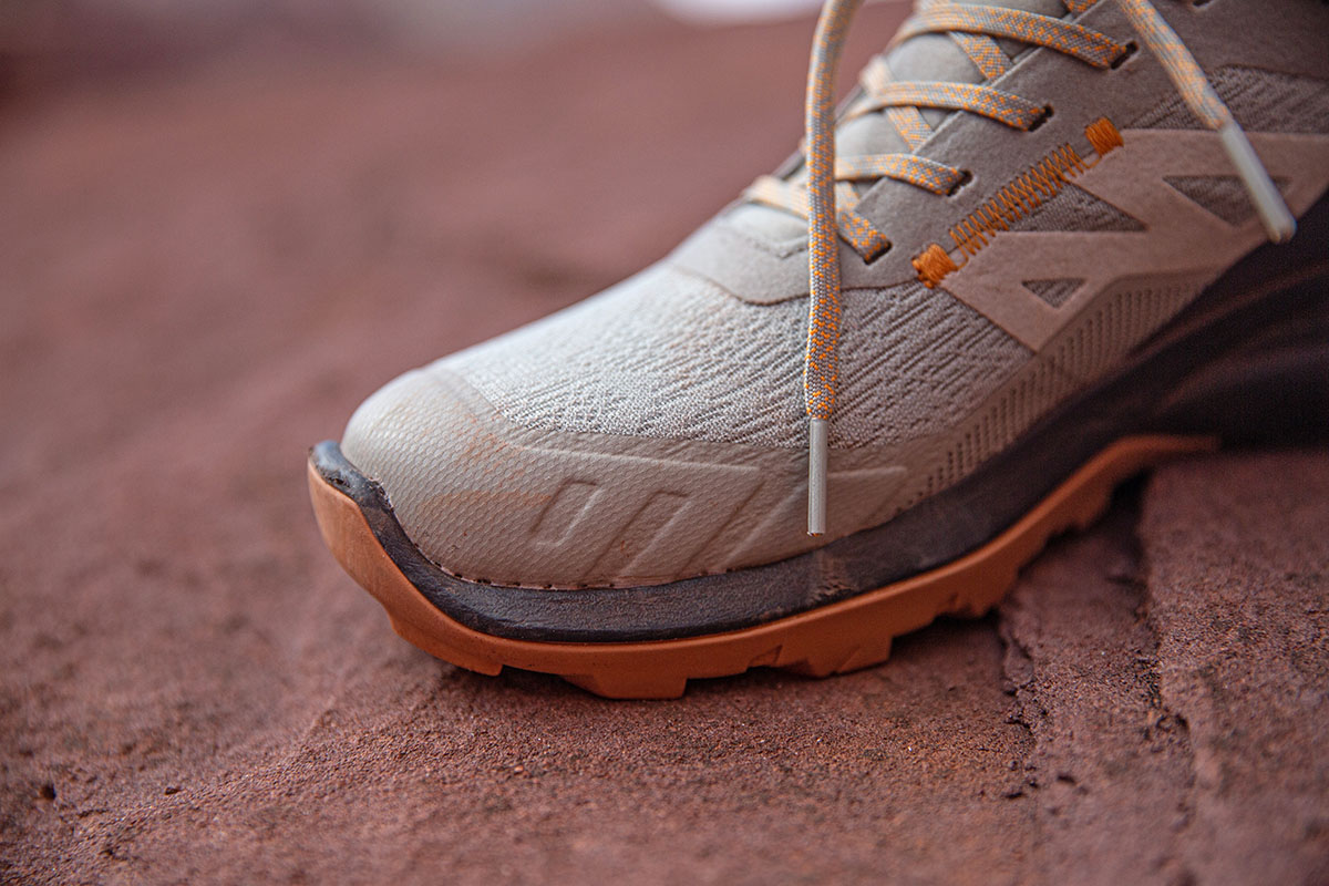 Salomon OUTpulse Mid GTX hiking boot (closeup of toe cap and upper)