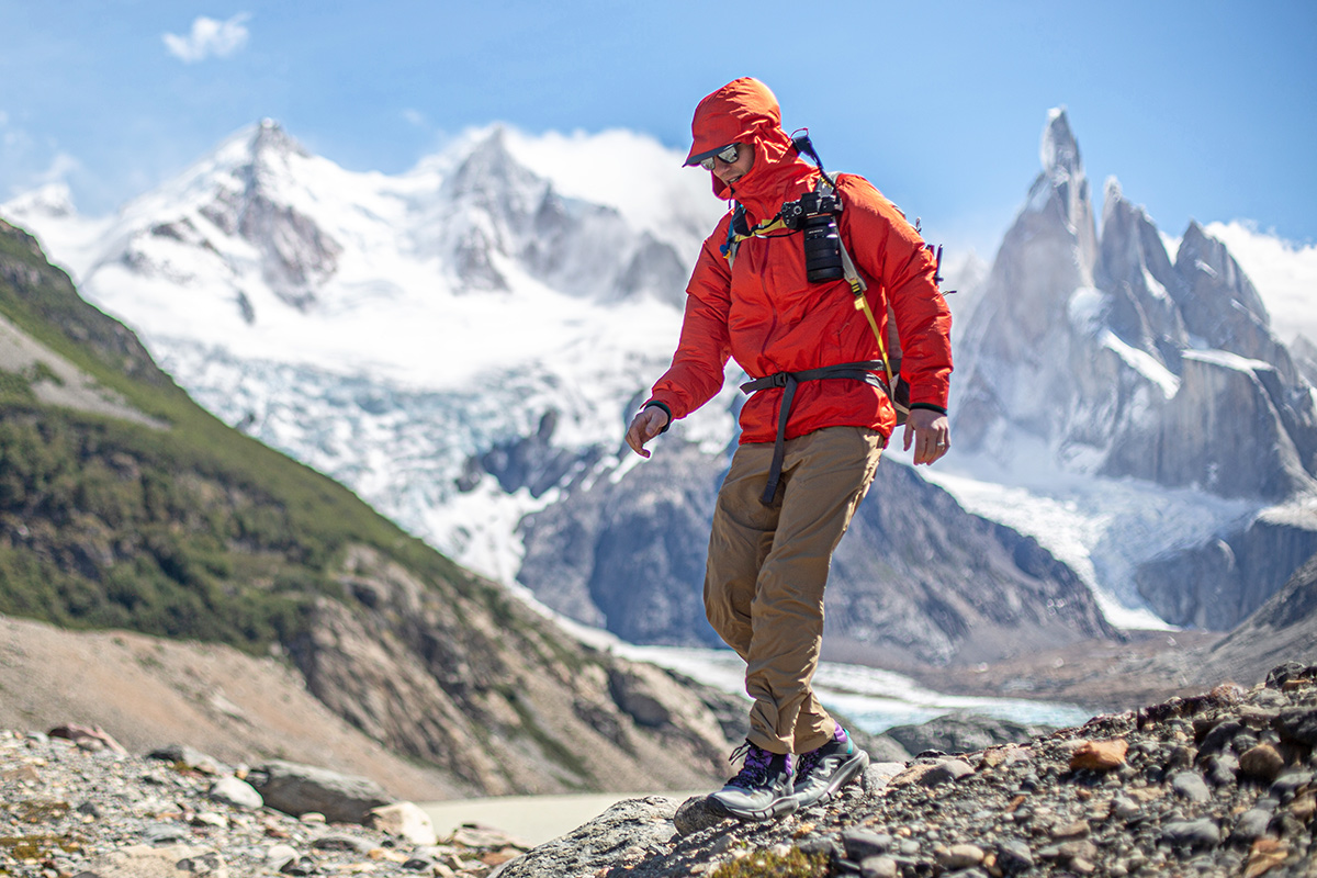 Salomon Predict Hike Mid GTX (hiking in Patagonia with jagged peaks in background)