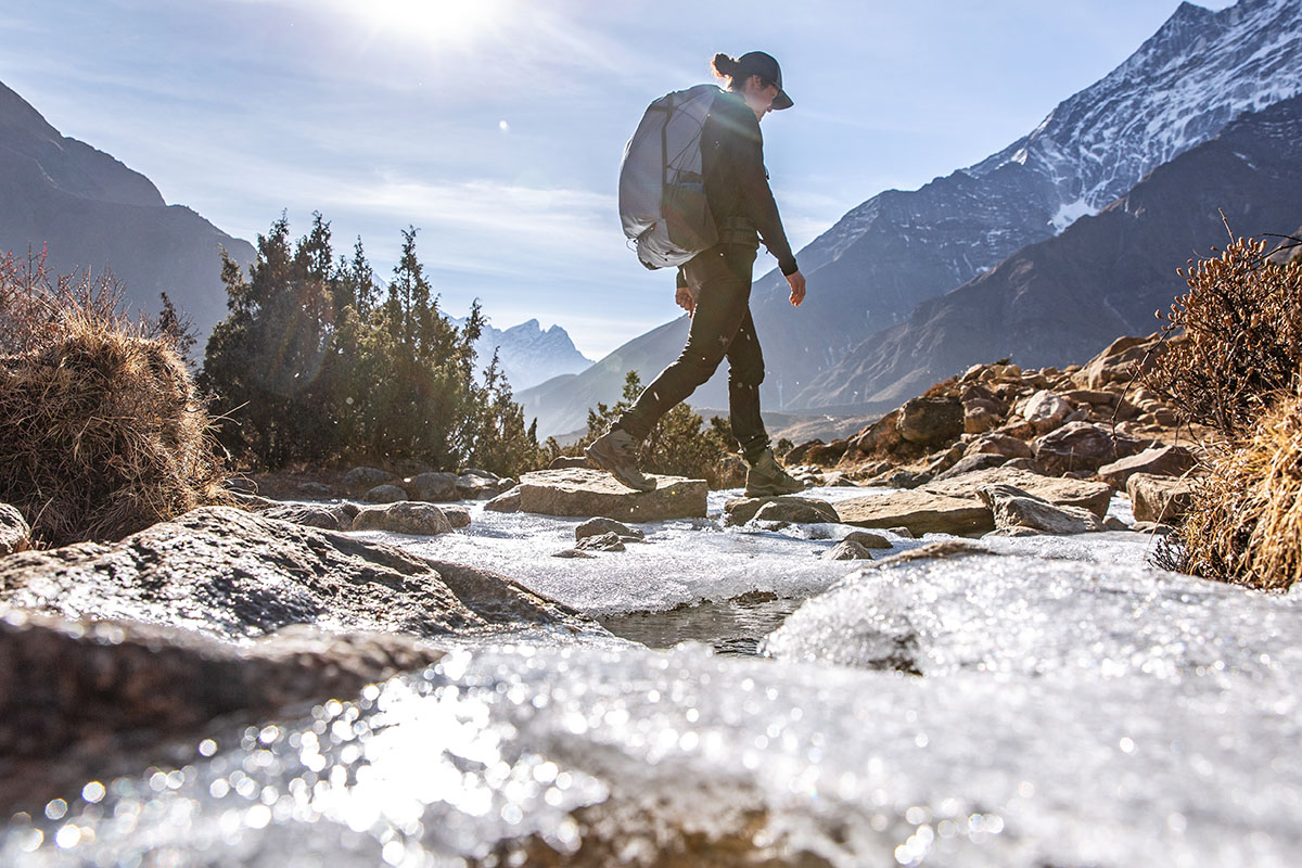 Salomon Quest 4 GTX hiking boots (crossing water on rocks)