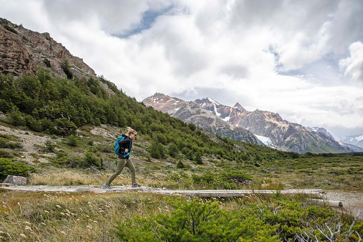 Hiking in valley in Patagonia (Salomon X Ultra 4 GTX hiking shoes)
