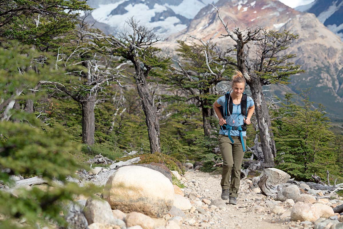 Hiking through forest in Patagonia wearing Salomon X Ultra 4 GTX hiking shoes