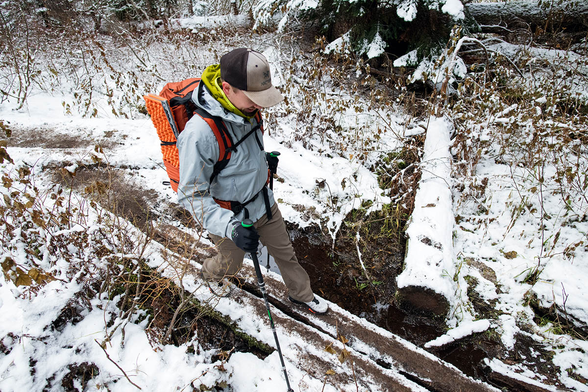 Salomon X Ultra 4 GTX hiking shoe (crossing snowy log)