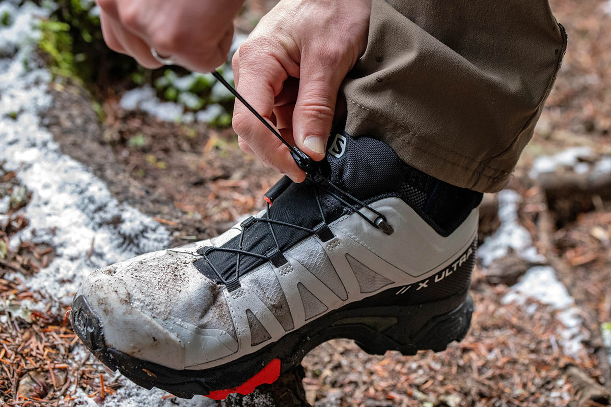 Salomon X Ultra 4 GTX hiking shoe (pulling Quicklaces tight)