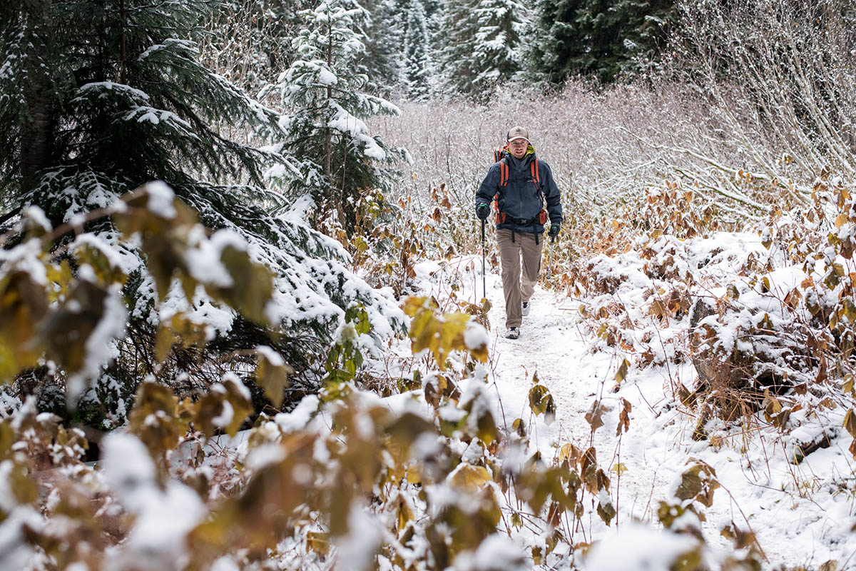 Salomon X Ultra 4 hiking shoes (hiking by snow covered leaves)