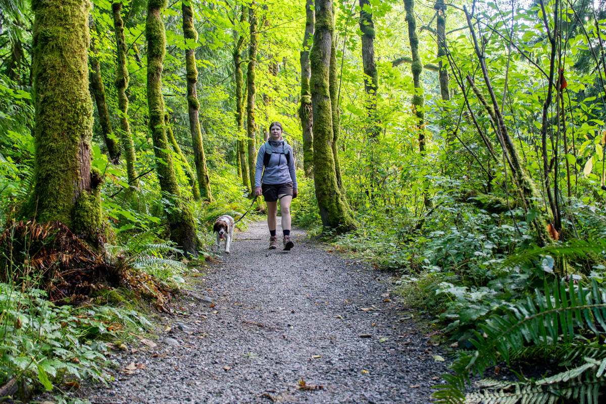 A woman hiking on a forest trail with a dog while wearing hiking boots