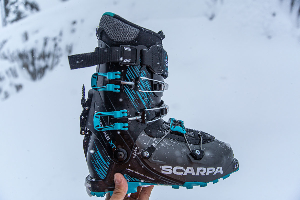 Scarpa Maestrale XT ski boot (holding boot up in snow)