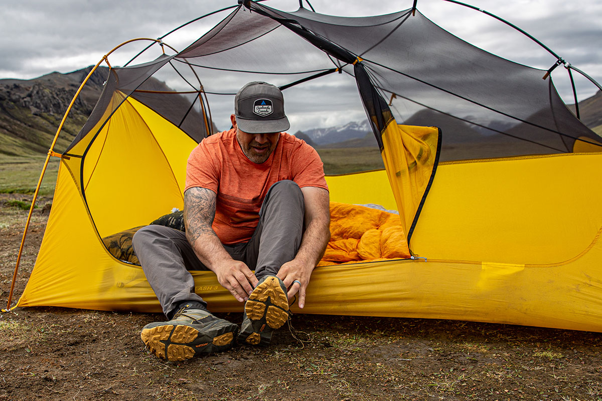 Scarpa Rush Mid 2 GTX hiking boots (putting on boots in tent)