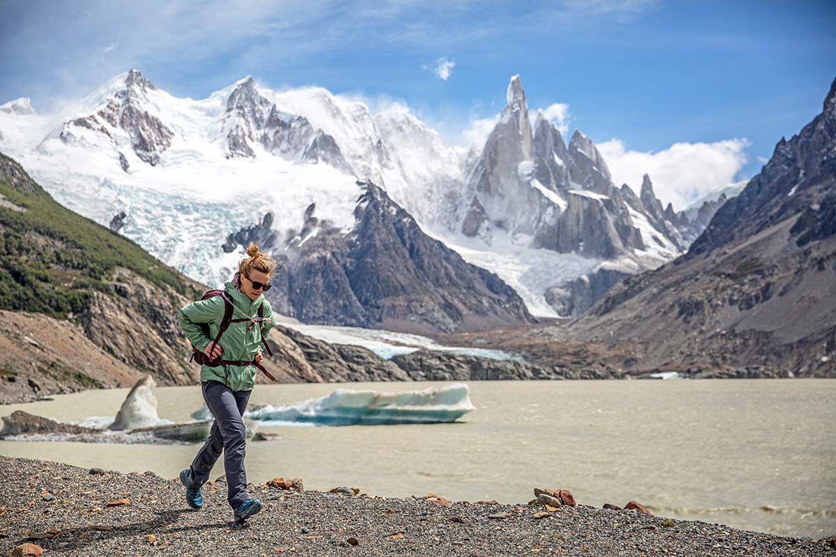 Hiking in front of Cerro Torre (Scarpa Rush hiking shoe)