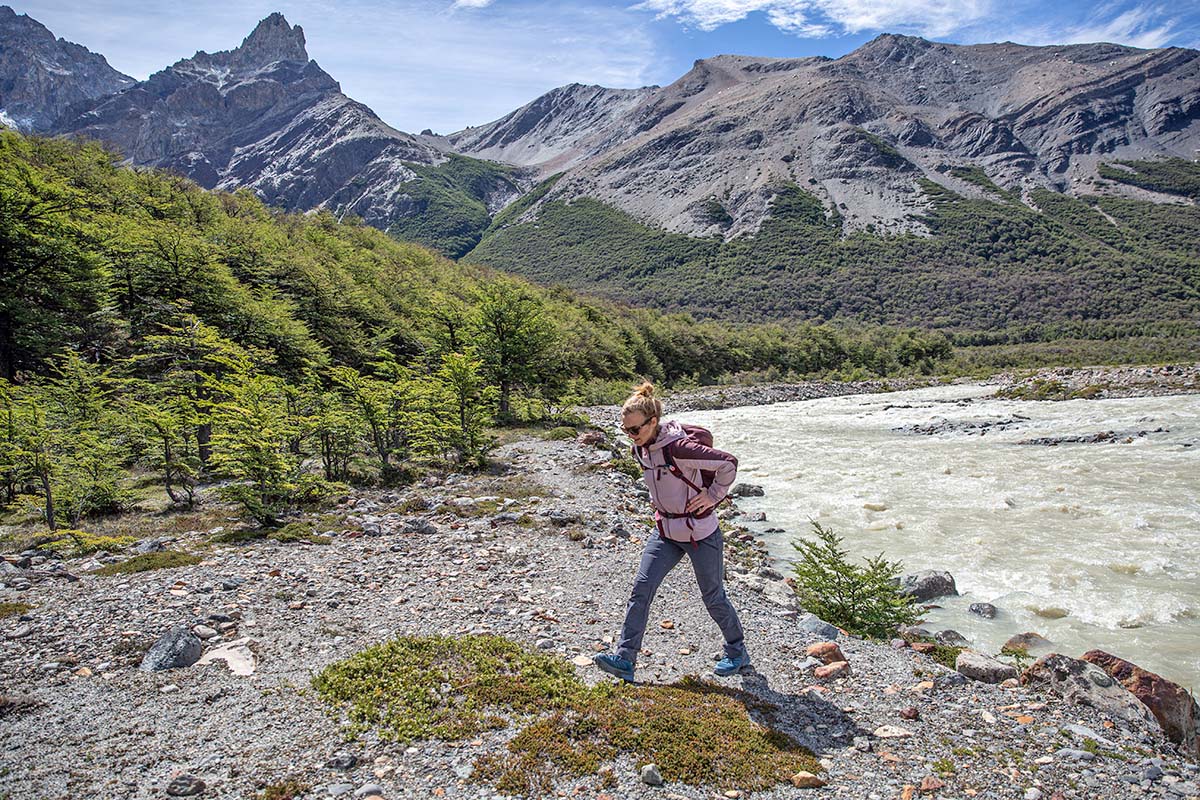 Hiking near river in Patagonia (Scarpa Rush hiking shoe)