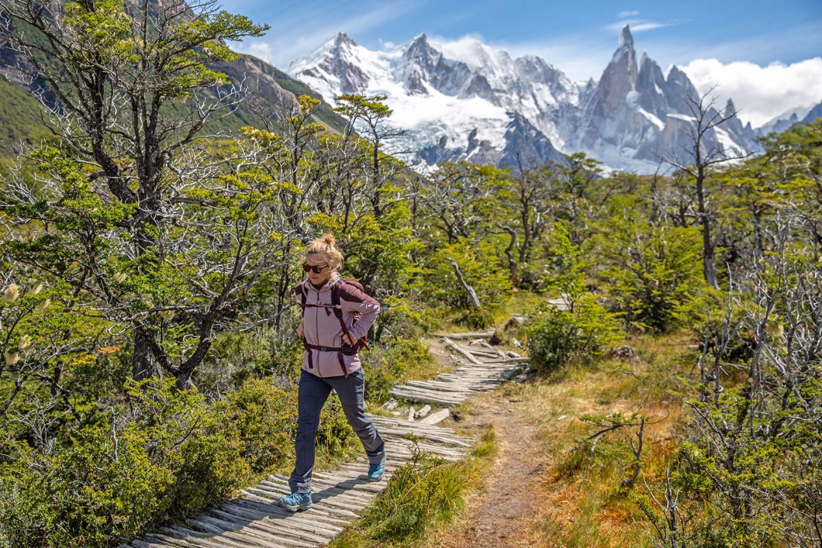 Hiking on boardwalk near Cerro Torre (Scarpa Rush hiking shoe)