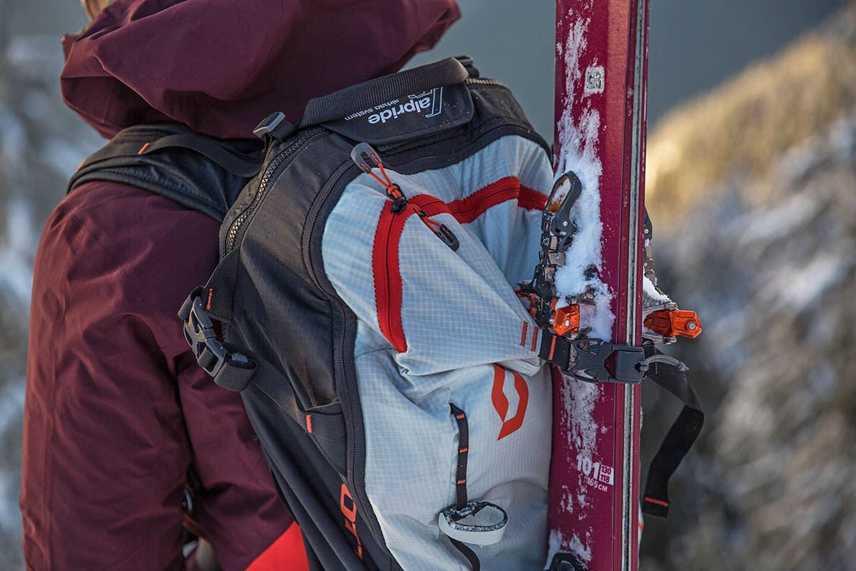 Scott Patrol E1 30 avalanche airbag pack (skis attached to pack)