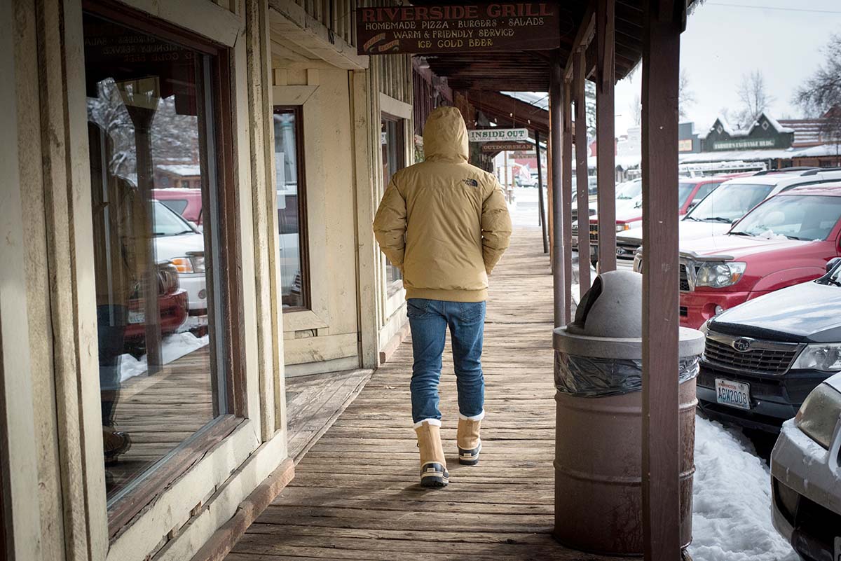 Sorel Caribou winter boot (walking on boardwalk in town)